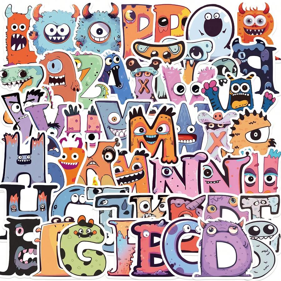 Conjunto de 52 adesivos de letras com tema de monstros, adesivos criativos para desenho, material de escritório, adesivos para celular e computador, à prova d'água, duráveis, adesivos legais, divertidos, decoração clássica para presentes, pacote com ótimo custo-benefício, adesivos fofos de desenhos animados, adesivos legais de anime, adesivos decorativos, à prova d'água, duráveis, adesivos para decorar capas de celular - 52 peças - Ver 1