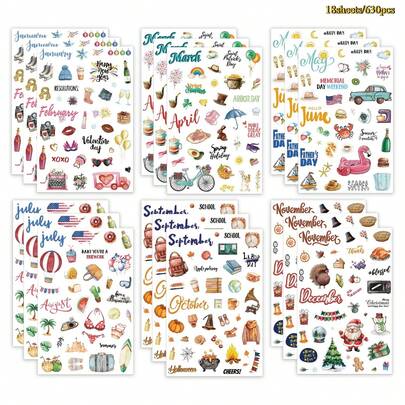 18 vellen/630 stuks esthetische maandplannerstickers - Prachtige feeststickerset om je planner, dagboek of kalender op te fleuren - Perfecte scrapbookbenodigdheden en -accessoires met stickers voor alle feestdagen en vintage thema's - Grappige stickers voor op kantoor