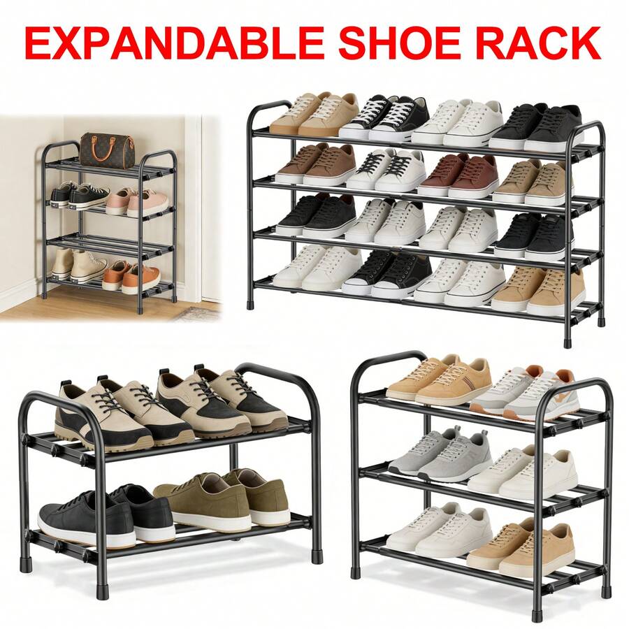 HSHa Expandable Shoe Rack, 2/3/4 Tiers Adjustable Shoe Organizer Shelf For Closet, Black Metal Free Standing Shoes Rack Storage For Hallway Small Space, Entryway - Black - 2nd Layer - View 1