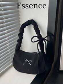 女士黑色灯芯绒单肩包一件装，秋冬新款，饰有刺绣蝴蝶结。 - 黑色 - 查看 1