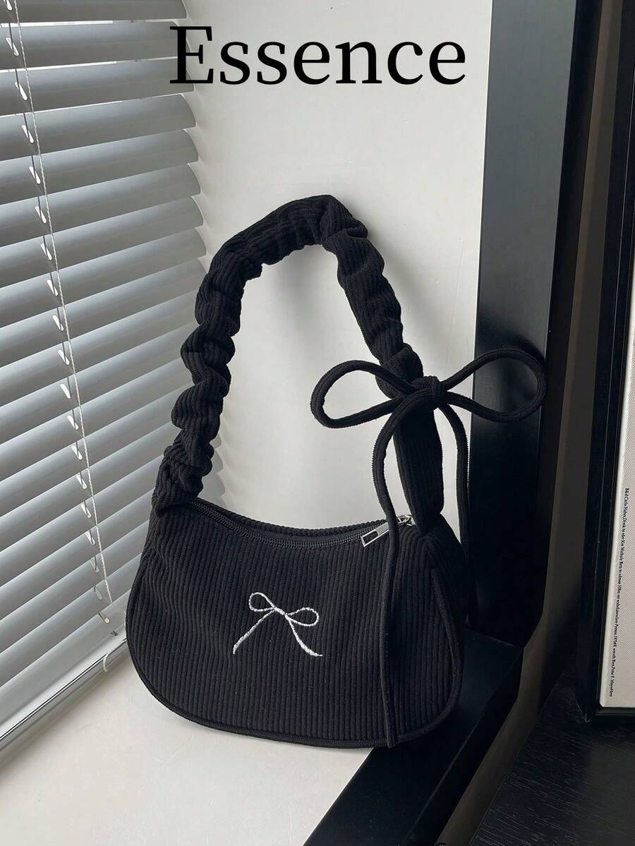 女士黑色灯芯绒单肩包一件装，秋冬新款，饰有刺绣蝴蝶结。 - 黑色 - 查看 1