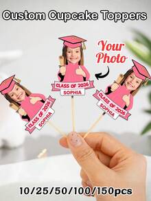 1/10/25/50/100/150pcs Personalized Photo Cake Toppers – Custom Graduates Faces, Customized Graduation Season Photo Ornament, Graduation Commemorative Gift For Her/Him, Fun Custom Toothpick Cupcake Toppers, Graduation Decorations, Unique Party Supplies For Graduation,Weddings, Family Gatherings, And Special Occasions, Warm Gifts For Graduates,Customized Graduation Season Photo Ornament, For Valentine's Day,For Mother's Day,For Birthdays,For Children's Day,For Father's Day,For Graduatio - Multicolor - View 1