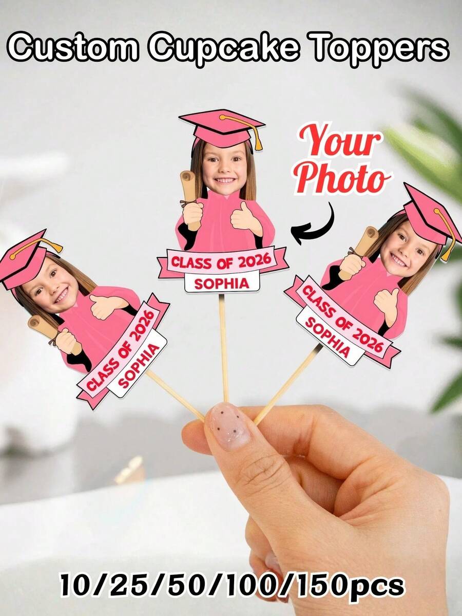 1/10/25/50/100/150pcs Personalized Photo Cake Toppers – Custom Graduates Faces, Customized Graduation Season Photo Ornament, Graduation Commemorative Gift For Her/Him, Fun Custom Toothpick Cupcake Toppers, Graduation Decorations, Unique Party Supplies For Graduation,Weddings, Family Gatherings, And Special Occasions, Warm Gifts For Graduates,Customized Graduation Season Photo Ornament, For Valentine's Day,For Mother's Day,For Birthdays,For Children's Day,For Father's Day,For Graduatio - Multicolor - View 1