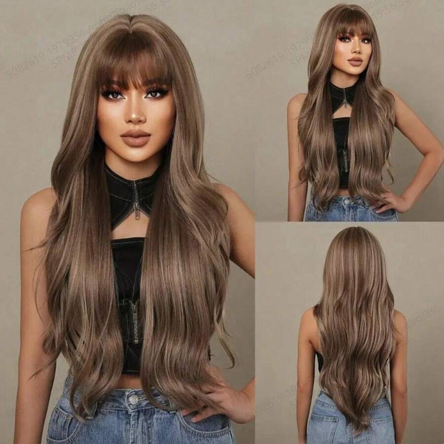 Long Brown Mixed Gold Synthetic Wig With Bangs, Suitable For Daily Wear And Cosplay, Heat Resistant - Brown - View 1