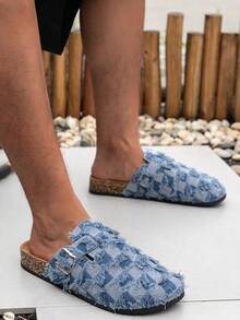 男士純色半包拖鞋，圓頭橡膠底，適合休閒、辦公室、海灘等場合，提供保暖內裡與非保暖四季款式 - 牛仔藍 - 查看 6