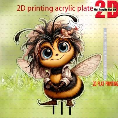 2D平面设计，1件波西米亚风格可爱蜜蜂花园装饰品 - 蜜蜂造型，带翅膀，带支架，采用耐用聚丙烯材料制成，适合复活节、春季及全年用于庭院、阳台、露台装饰 - 无需组装，2D平面设计