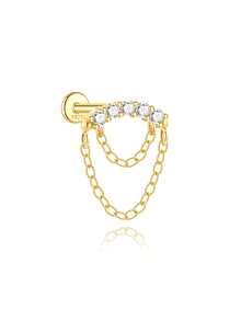 1pc 925 Sterling Silver Flat Back Ear Cuff Earring With Chain & Diamond Stud Earring, Ear Cartilage Earring, Ear Lobe Earring, Ear Cuff Earring For Women, Gift - Gold - View 25