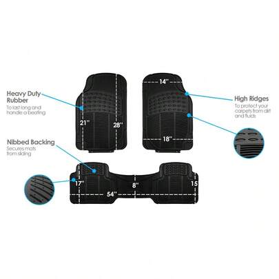 Automotive Floor Mats Solid ClimaProof For All Weather Protection Universal Fit Trimmable Heavy Duty Fits Most Cars, SUVs, And Trucks, 3pc Full Set Black