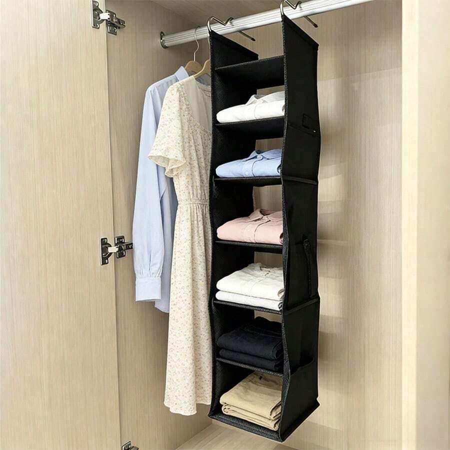 Hanging Storage Organizer Bag - Multi-Layer & Pocket Design, Helps Classify And Store Clothes, Shoes, Small Items, Fully Utilize Vertical Space, Tidy Up Space, Commonly Used Home Storage Tool, Suitable For Small Apartments Or Student Dorms - Black - View 1