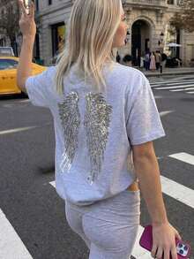 天使翅膀亮片刺绣外出派对服装，Y2K夏季女装，度假沙滩装，女士休闲圆领短袖T恤 白色 - 白色 - 查看 2