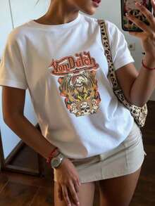 1pcs Ladies' Von-Dutchs Eagle Graphic Print Casual Streetwear Printed Elegant Short Sleeve T-Shirt Soft Comfortable Crew Neck Fashionable Print Suitable For Spring Summer Fall Versatile 100 Cotton Women's Casual T-Shirt Easy Matching Wardrobe Staple - 白色 - 查看 4