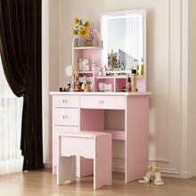 Makeup Vanity Set With Intelligent Touch LED Lighted Mirror, 5 Drawers, 4 Storage Shelves, And Cushioned Stool – Modern Dressing Table With Upgraded Crystal Handles And Smooth Drawer Slides - Pink-with light - 查看 3