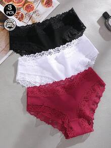 3件組純色棉質羅紋蕾絲拼接性感舒適女款三角內褲 - 彩色 - 查看 4