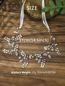 1pc Elegant Handmade Pearl & Rhinestone Bridal Headband, Silver Leaf Vine Wedding Hair Accessory, Bridesmaid Party Headpiece - Multicolor - View 3