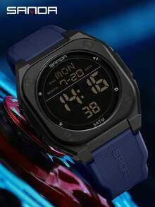 SANDA Reloj digital multifunción con alarma, luminoso, resistente al agua, de silicona, reloj de pulsera casual para estudiantes, reloj electrónico - Azul - Ver 4