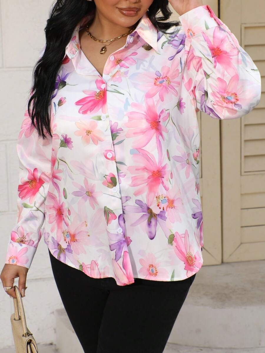 Camisa informal de manga larga con estampado floral vibrante de talla grande, con patrón de flores y hojas en todo el diseño, rosa para uso en casa - Rosa - Ver 1