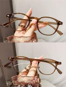 1 Pair Small Transparent Lens Glasses, Brown Polygon Frameless Non-Prescription Frames, Unisex Fashion Accessory, Polycarbonate Frame And Lens Material - Through Tea - View 7