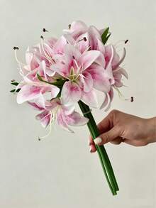 6支粉白渐变色仿真百合花束，高29厘米，栩栩如生，适用于家居装饰、婚礼新娘捧花、生日派对花园装饰、返校季软装。 - 淺粉色 - 查看 4