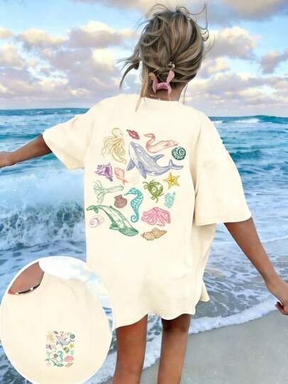 Camiseta de manga corta de cuello redondo con estampado de vida marina al estilo de crayón. Nueva camiseta de manga corta de cuello redondo holgada y minimalista con diseño lindo para mujer, estilo casual de vacaciones. Prenda de vestir diaria de moda, adecuada para vacaciones como el Día de San Valentín, el regreso a la escuela, el Día del Maestro. Camiseta de manga corta con estampado de letras, suave, holgada y cómoda, estilo de vacaciones callejero holgado y versátil.