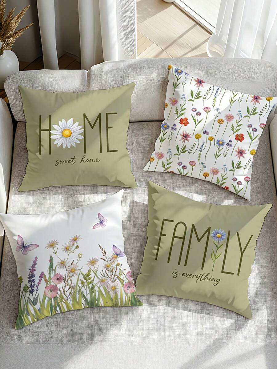 4件套波西米亚风野花蝴蝶春夏花卉抱枕套，18x18英寸，柔软亚麻材质，野花蝴蝶图案 - 彩色 - 查看 1