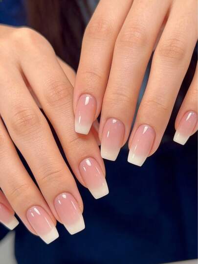 Upgrade Your Appearance 24 Pieces Medium Size Coffin, Simple Pink Shape White Gradient Jelly Pink Long Press Nails Sweet And Cute Shape Simple Cartoon Style Wear Nails Suitable For Women And Girls, Suitable For Dates, Parties And Daily Wear