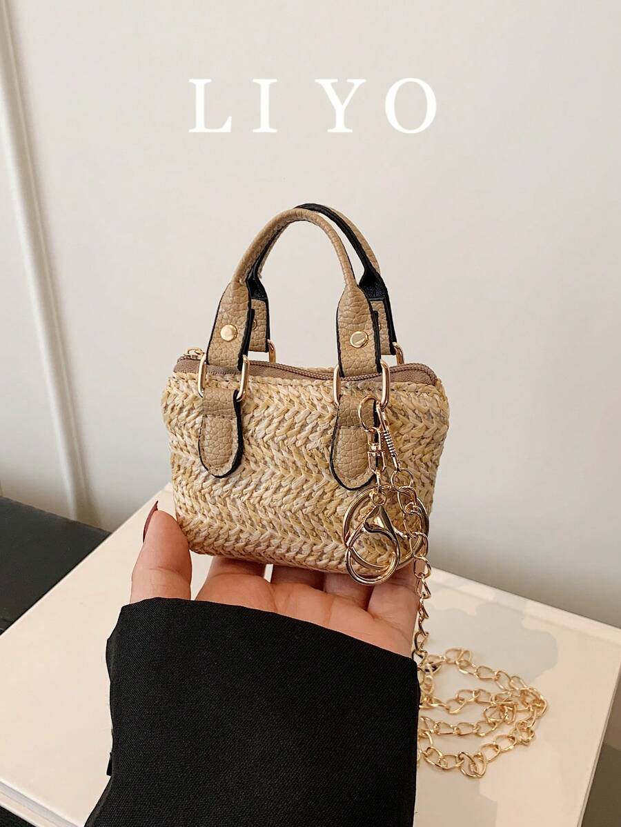Straw Woven Mini Chic Handbag, Jewelry Pouch, Beach Travel Chain Shoulder Bag