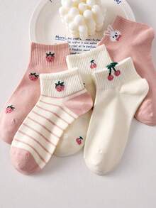 1/5 pares de calcetines de tobillo para mujer con patrones de cerezas y fresas rosas, antideslizantes, aptos para todas las estaciones - Multicolor - Ver 5