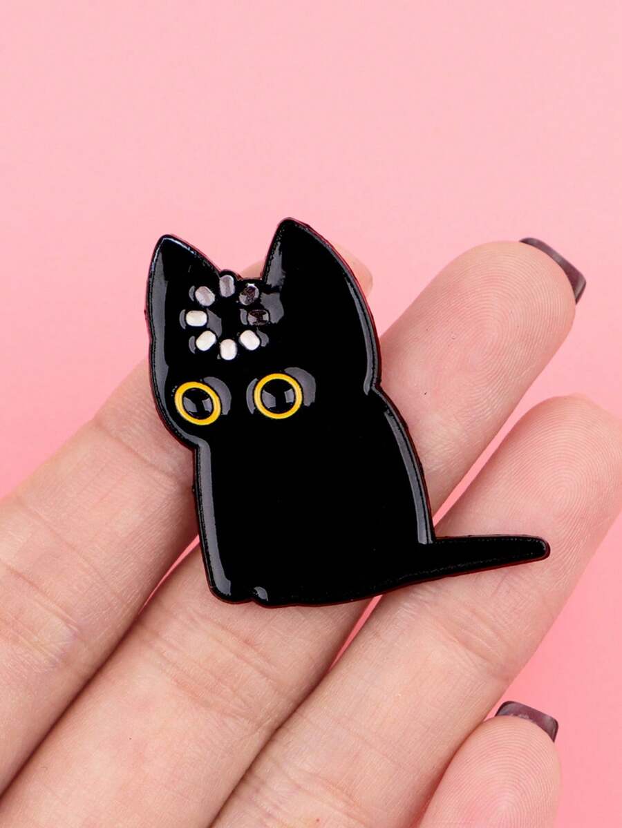 猫咪珐琅胸针,翻领别针徽章,背包装饰,女士时尚珠宝配饰 - 黑色 - 查看 1