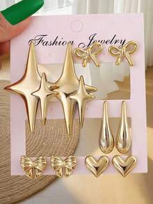 2-10pcs/Set Fashion Water Drop, Star, Bow, Heart Shaped Earrings Set, Suitable For Summer Vacation, Travel, And Daily Wear - Gold - View 1