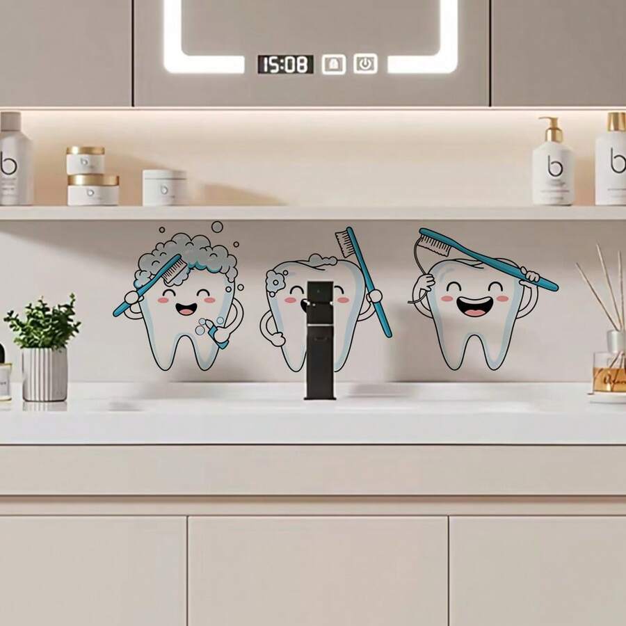 1/3pcsCartoon Teeth And Toothbrush Wall Stickers,Removable,Self-Adhesive,And Waterproof.Cute Teeth And Toothpaste Designs,Suitable For Decorating Bathrooms,Sinks,And Dental Clinics. - Wall Stickers - View 1