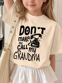 Girls' Casual Printed Round Neck Short Sleeve T-Shirt, With Telephone And "Don't Make Me Call Grandma" Slogan, Soft And Comfortable, Suitable For School, Outings And Leisure Wear In Spring And Summer - Apricot - View 2