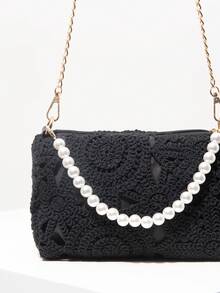Tas Selempang Motif Bunga dengan Hiasan Mutiara, Tas Tangan Gaya Bohemian, Tas Pantai Musim Panas, Perlengkapan Perjalanan, Dompet Elegan Wanita (Pola Acak) - Hitam - View 5