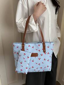Cherry Pattern Shoulder Bag & Coin Purse 2 Pieces Set, New Arrival Spring/Summer For Women - Blue - View 5
