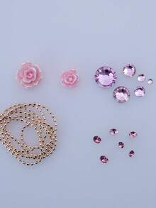 Bộ phụ kiện trang trí móng tay 3D hỗn hợp, hoa hồng và nơ bằng nhựa màu hồng, dây xích bi vàng và đá lấp lánh, dụng cụ làm móng phong cách Y2K, bộ dụng cụ tự làm trang sức móng tay chuyên nghiệp dành cho nữ, phụ kiện trang trí móng tay hoa và dây kim loại thanh lịch. - Hồng - Xem 2