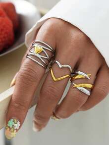 Uself 3pcs/1pc 18K Gold Plated 304 Stainless Steel Dual-Tone Heart Twist Rings Set, Polished Intertwined Open Rings, Daily, Party, Holiday Gift For Women - Multicolor - View 4