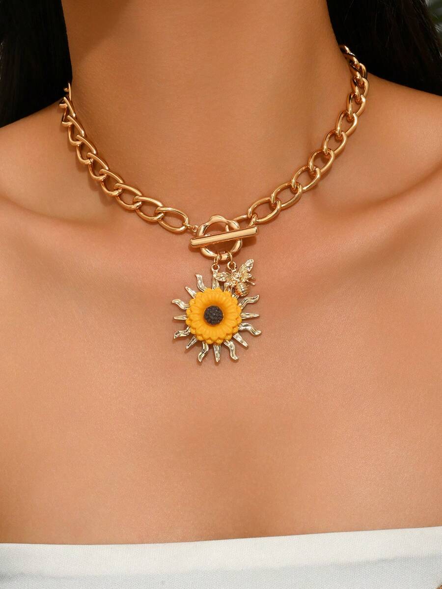 1 chiếc dây chuyền mặt dây chuyền hình hoa hướng dương và ong kiểu Bohemian thanh lịch và thời trang, dây vàng, thích hợp để đeo hàng ngày, dự tiệc, đi nghỉ mát, lễ tốt nghiệp và các ngày lễ khác. - Nhiều màu - Xem 1