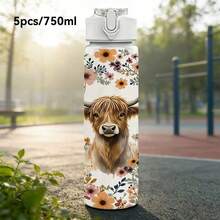 1pc/5pcs 750ml Bohemian Highland Cow Floral Print Water Bottle - Reusable Travel Cup, Portable Sports Water Bottle, Leak-Proof Travel Cup, Fashionable Daily Drinking Bottle, Cute Animal And Wildflower Pattern Cute Style Farm Ranch Iced Coffee - Brown-bohemian Highland Cattle - View 12