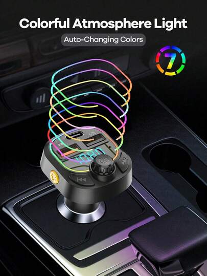 Adaptador de cargador de coche de 3.1A con Bluetooth, compatible con llamadas manos libres y reproducción de música, 2 puertos USB + 1 puerto Type-C, luz ambiente RGB, compatible con Type-C para Apple/Android, accesorio de viaje para coche, suministros automotrices, artículo esencial universal para automóvil