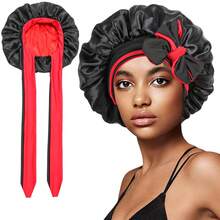 Women Double-Layer Satin Sleep Cap Elastic Tie Band Night Shower Cap Adjustable Hair Cover Bonnet - 薄荷綠 - 查看 1