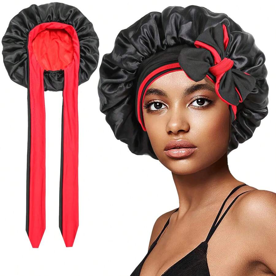 Women Double-Layer Satin Sleep Cap Elastic Tie Band Night Shower Cap Adjustable Hair Cover Bonnet - 薄荷綠 - 查看 1