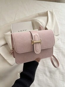 1pc Mini Solid Color Square Bag With Metal Buckle Decor, Suede-Like PU Adjustable Shoulder Strap, Flap Cover Fashion Women Crossbody Bag For Daily Use & Outing ,Pink Bag - Pink - View 8