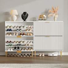 SICOTAS Fluted Shoe Cabinet Storage For Entryway With 2 Flip Drawers-11.8" Deep Freestanding Shoe Organizer Cabinet With 6-Tier Shelves, Large 20 Pairs Shoes Rack Cabinet For Foyer Hallway - 白色 - 查看 6