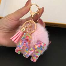 Cross-Border European And American Popular Pom-Pom Resin English Letter Pendant Keychain, Colorful Resin Heart Letter Keychain - E - 查看 2