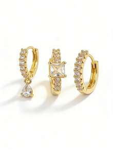 Square Zirconia Hoop Earrings Set For Women Daily Life Cartilage Earrings Piercing Jewelry Gift - Square/teardrop Earrings - View 6