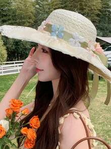 Women's Summer Beach Sun Hat With Faux Flowers, Sweet And Cute, Multifunctional And Slimming Straw Hat - Fisherman's Hat - View 2
