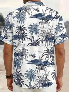夏威夷椰树印花纽扣短袖衬衫，男士加大码 - 白色 - 查看 2