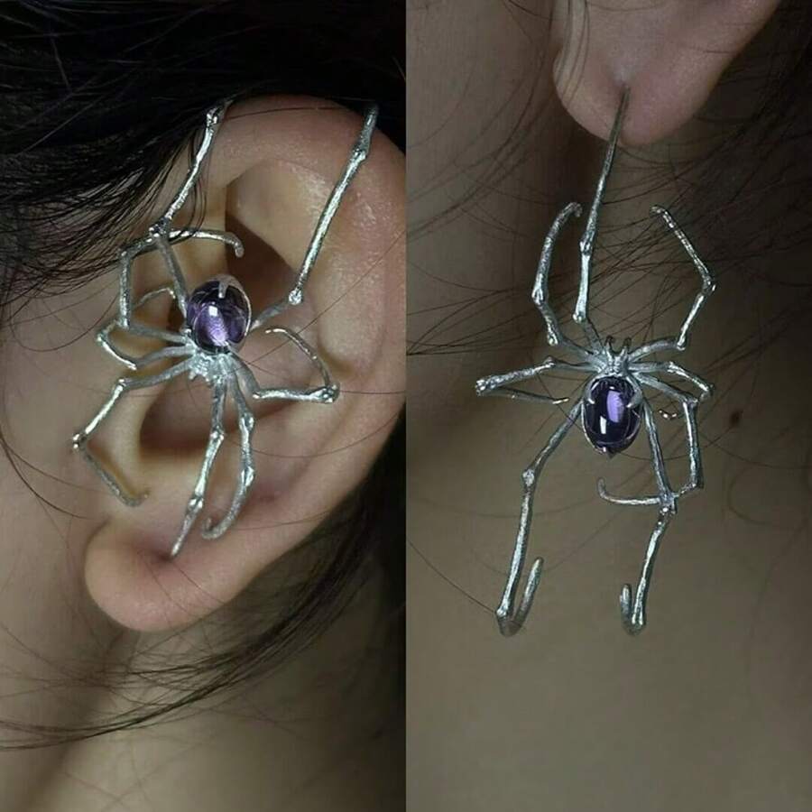 1PC Spider Ear Piercing Bone Clip Dark Gothic Chic Edgy Punk Earrings Accessory - Màu tím - Xem 1