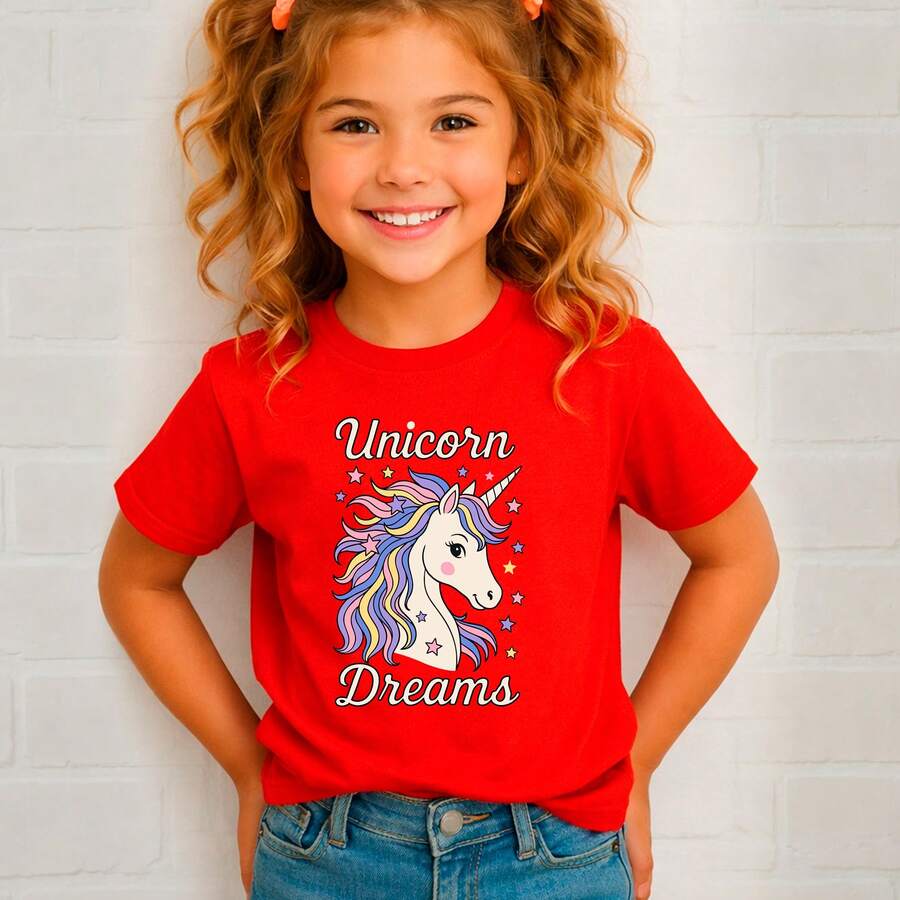 Unicorn Dreams T-Shirt For Girls, 100% Cotton, Designs, School, Outings And Everyday Wear, Short Sleeve, Spring/Summer/Pre-Teen - 紅色 - 查看 1