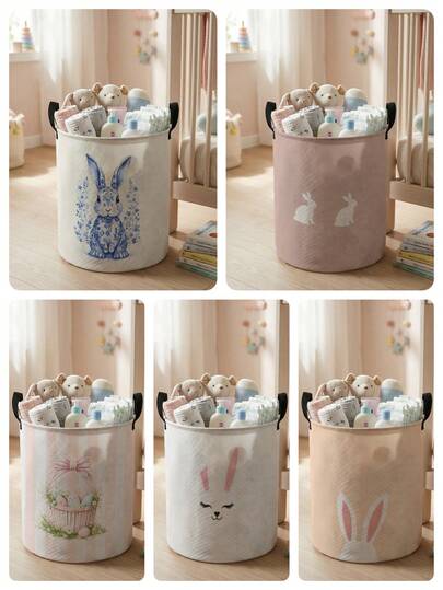复活节图案印花大容量可折叠圆形收纳篮，带提手，多用途收纳篮，适用于婴儿房、尿布、衣物、玩具收纳，可折叠收纳盒