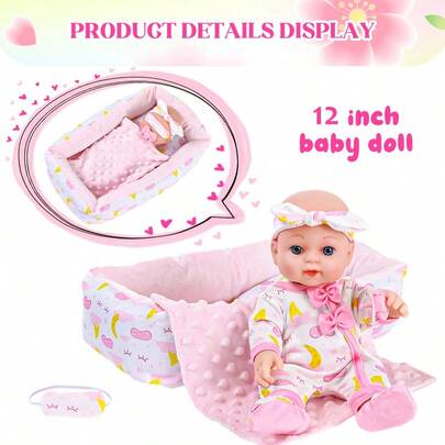12-Inch Reborn Realistic Doll, Roleplay Party, Fashion Plush Doll, Holiday Gift (Includes Doll, Clothes, Headband, Pacifier, Eye Mask, Slippers, Pillow, Blanket, Bassinet)